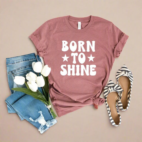 Born To Shine Stars Short Sleeve Graphic Tee graphic t-shirt Mauve XS 