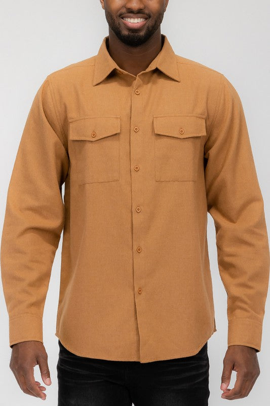 Weiv Mens Solid Flannel Shirt Mens Flannel Shirt Camel 2XL 