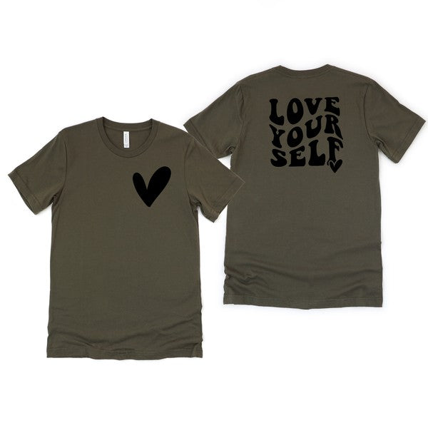 Love Yourself Heart Front & Back Graphic Tee graphic t-shirt Army Green XS 