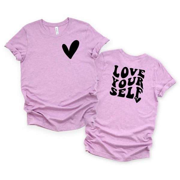 Love Yourself Heart Front & Back Graphic Tee graphic t-shirt Lilac XS 