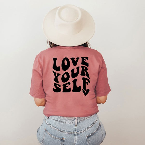 Love Yourself Heart Front & Back Graphic Tee graphic t-shirt Mauve XS 