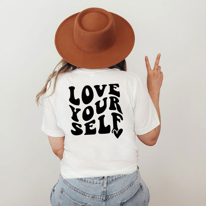 Love Yourself Heart Front & Back Graphic Tee graphic t-shirt White Large 