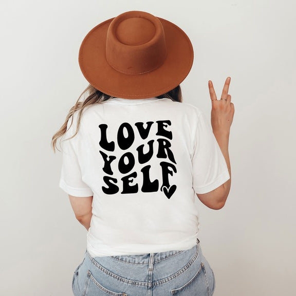 Love Yourself Heart Front & Back Graphic Tee graphic t-shirt White Large 