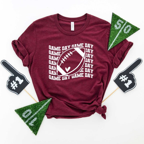 Football Game Day Stacked Wavy Short Sleeve Tee Graffic Tee Maroon XS 