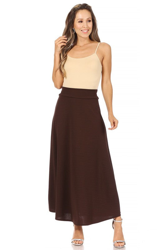 Solid, high waisted, A-line, midi skirt Midi Skirt Brown S 