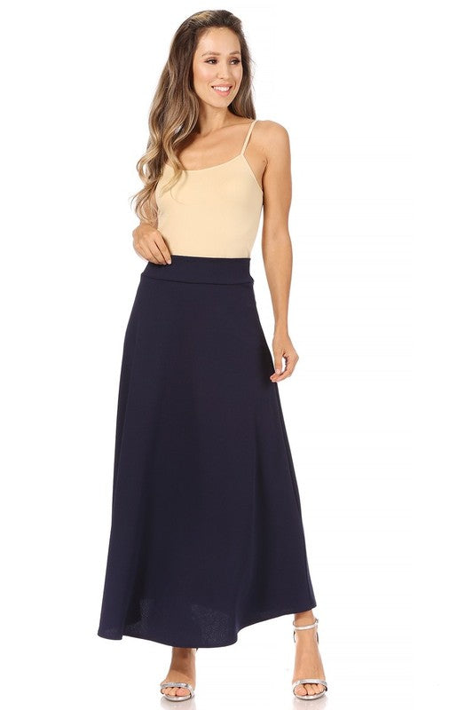 Solid, high waisted, A-line, midi skirt Midi Skirt Navy S 