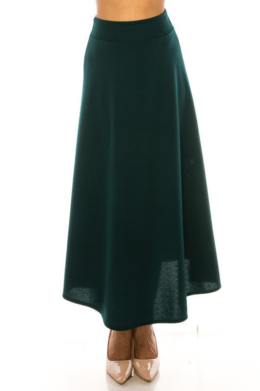 Solid, high waisted, A-line, midi skirt Midi Skirt Hunter Green S 