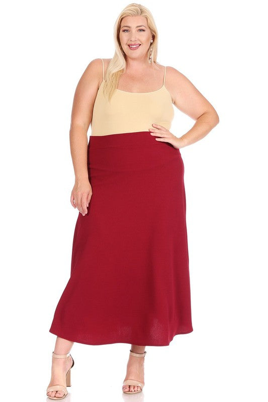 Plus size, solid, high waisted, A-line, midi skirt Midi Skirt Burgundy XL 