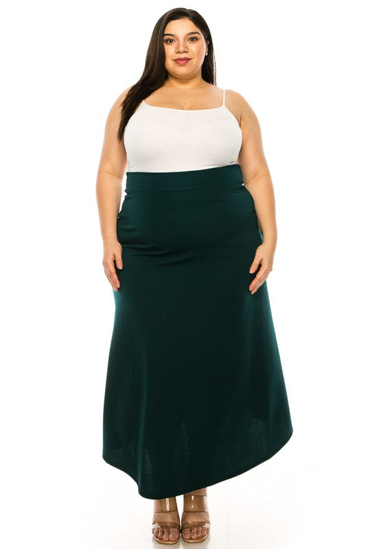 Plus size, solid, high waisted, A-line, midi skirt Midi Skirt Hunter Green XL 