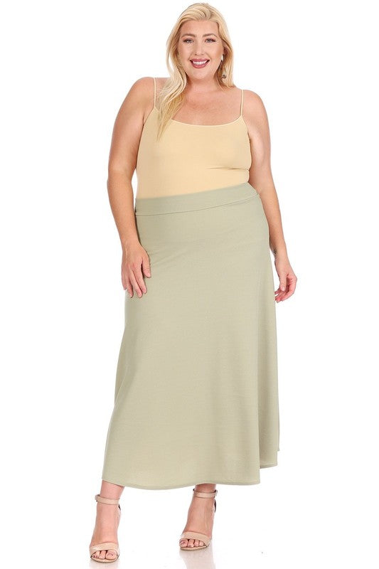 Plus size, solid, high waisted, A-line, midi skirt Midi Skirt Sage XL 