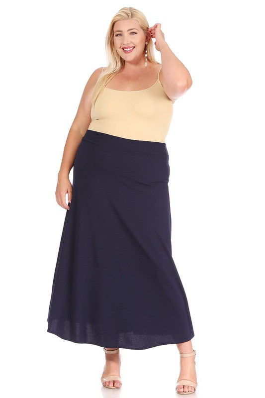 Plus size, solid, high waisted, A-line, midi skirt Midi Skirt Navy XL 