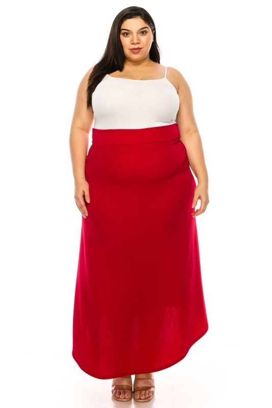 Plus size, solid, high waisted, A-line, midi skirt Midi Skirt Red XL 