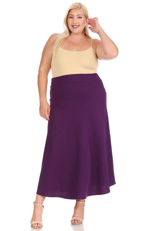 Plus size, solid, high waisted, A-line, midi skirt Midi Skirt Eggplant XL 