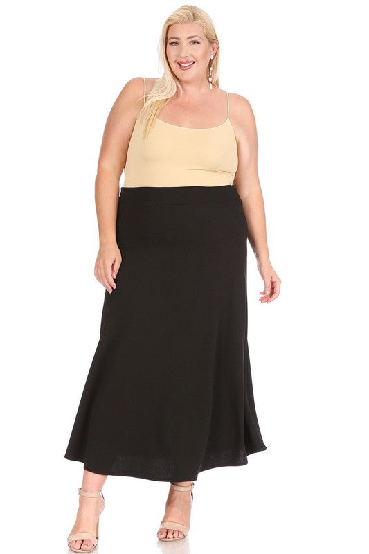 Plus size, solid, high waisted, A-line, midi skirt Midi Skirt Black XL 