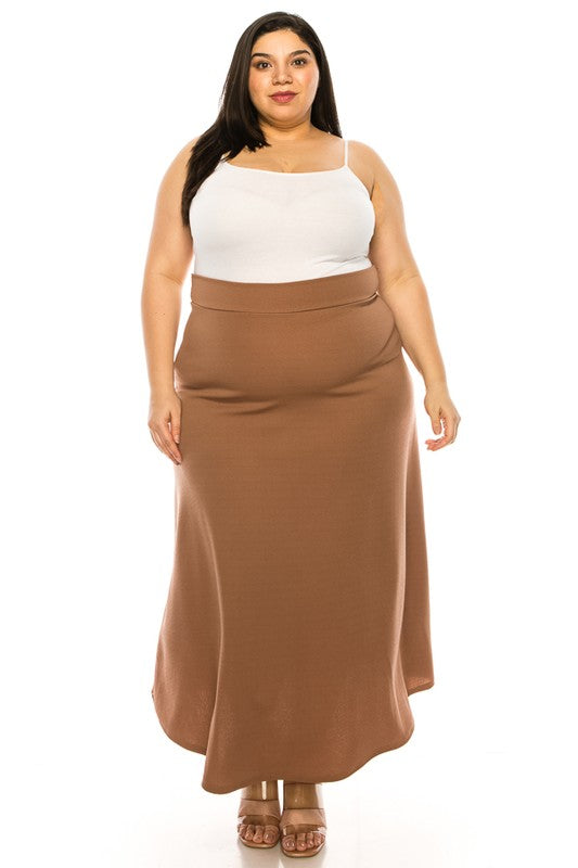 Plus size, solid, high waisted, A-line, midi skirt Midi Skirt Mocha XL 