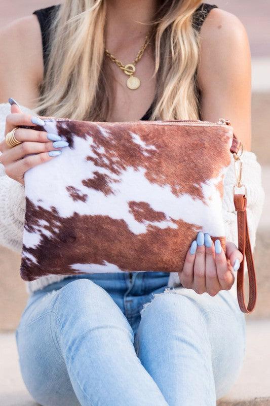 Faux Fur Cow Animal Print Clutch - Three Mad Hatters Mercantile 