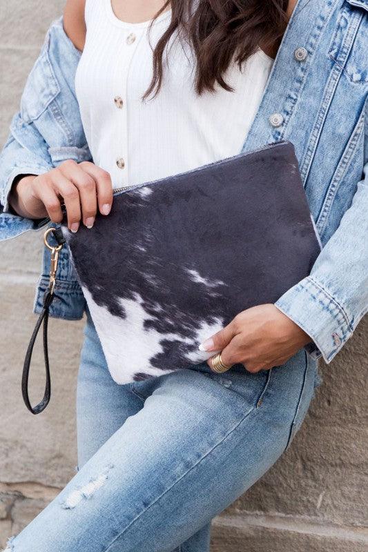 Faux Fur Cow Animal Print Clutch - Three Mad Hatters Mercantile 