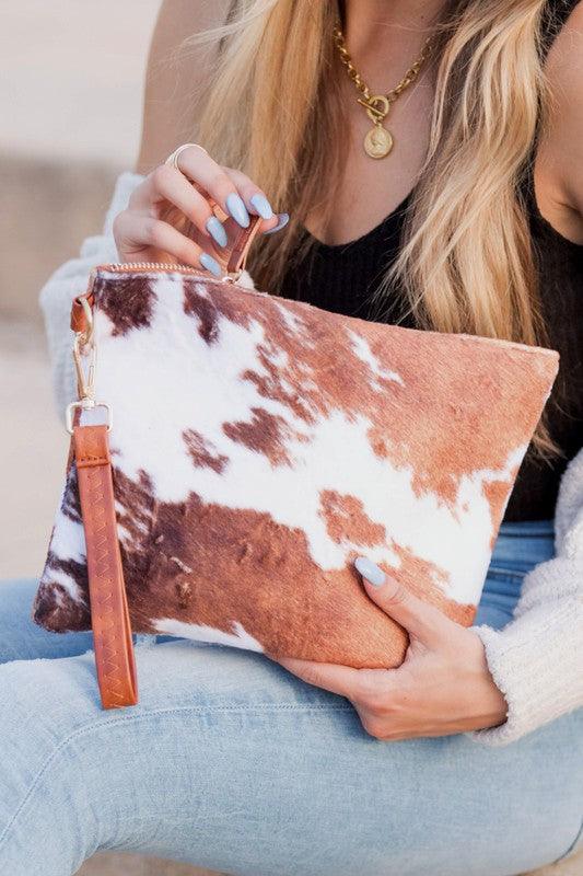 Faux Fur Cow Animal Print Clutch - Three Mad Hatters Mercantile 