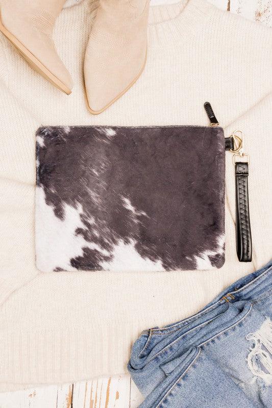 Faux Fur Cow Animal Print Clutch - Three Mad Hatters Mercantile 