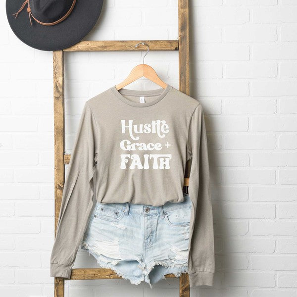 Hustle Grace Faith Long Sleeve Graphic Tee graphic t-shirt Stone XS 