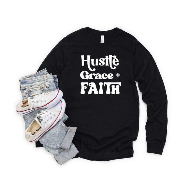 Hustle Grace Faith Long Sleeve Graphic Tee graphic t-shirt Black XS 