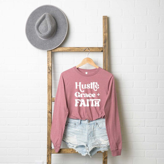 Hustle Grace Faith Long Sleeve Graphic Tee graphic t-shirt Mauve XS 