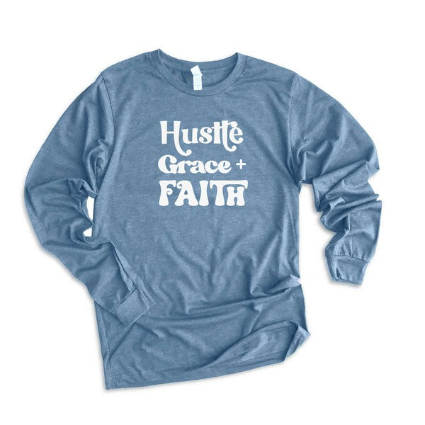 Hustle Grace Faith Long Sleeve Graphic Tee graphic t-shirt Slate Large 