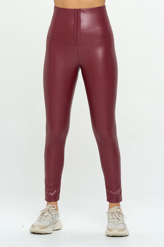 High Waist PU Leather Corset Cincher  Pants Corset Leggings Burgundy S 