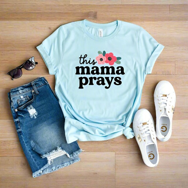 This Mama Prays Flowers Short Sleeve Graphic Tee graphic t-shirt Ice Blue XS 