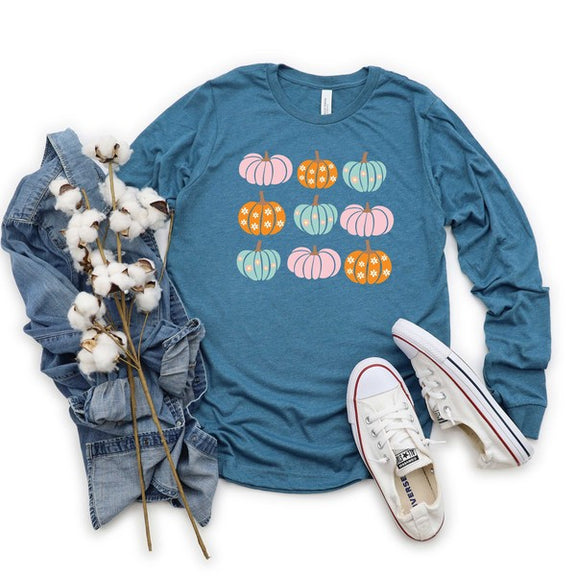 Floral Pumpkins Chart Long Sleeve Graphic Tee graphic t-shirt Teal Large 