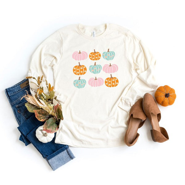 Floral Pumpkins Chart Long Sleeve Graphic Tee graphic t-shirt Cream Large 