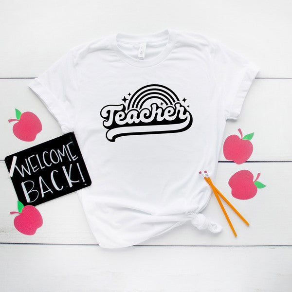 Teacher Rainbow Short Sleeve Graphic Tee Graphic Tee White Large 