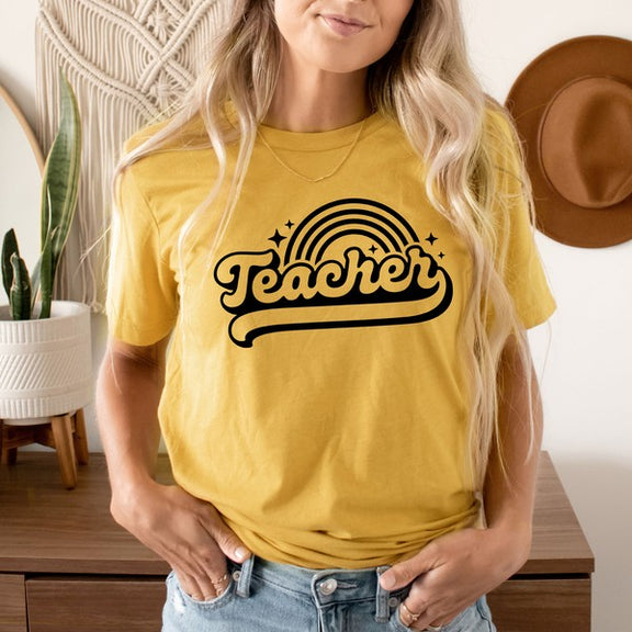 Teacher Rainbow Short Sleeve Graphic Tee Graphic Tee Mustard XS 