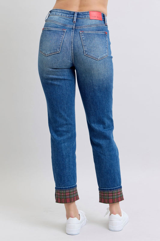 Judy Blue Full Size Plaid Print Cuff Straight Leg Jeans with Pockets Womens Plaid Cuff Jeans