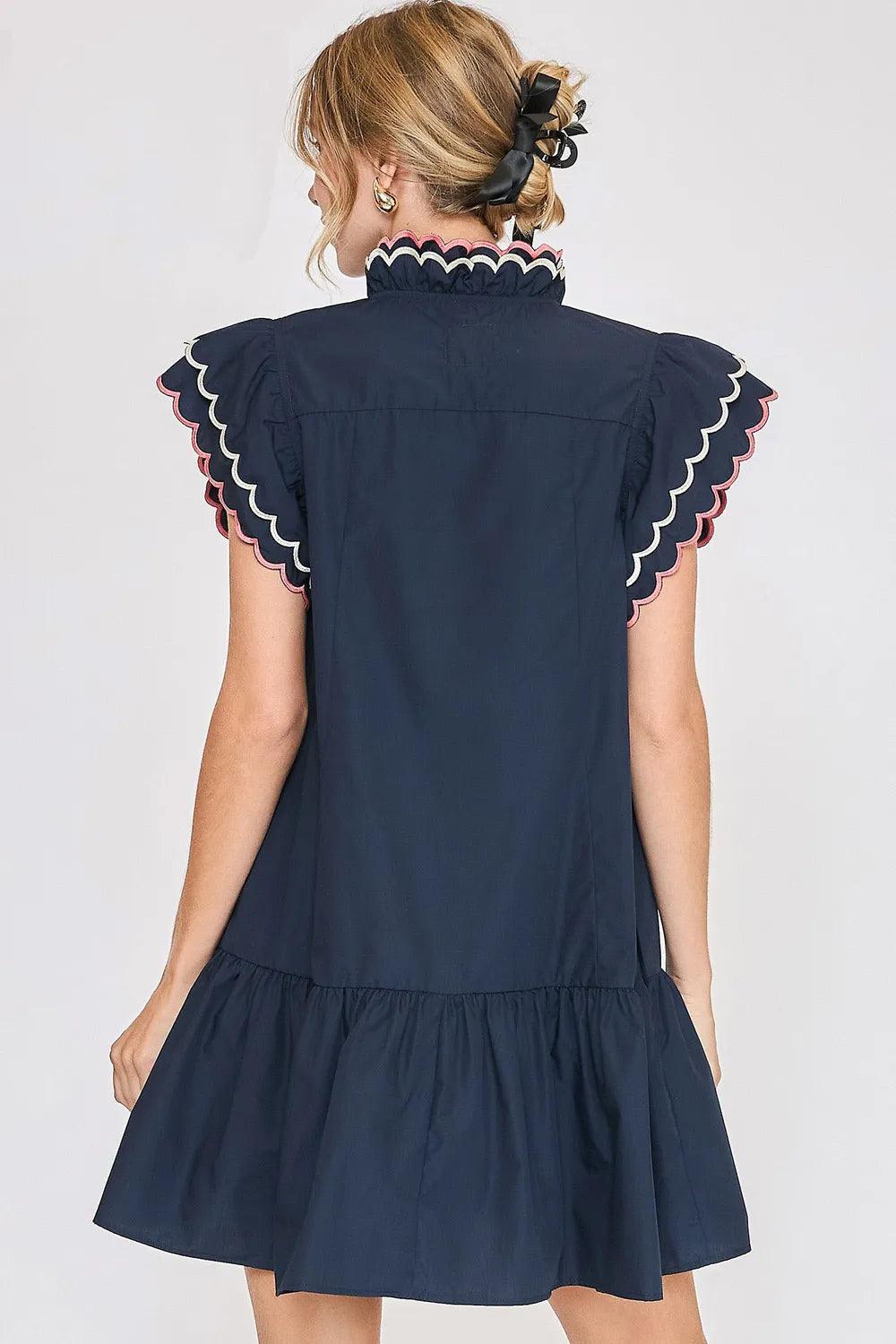 Umgee Ruffled Scalloped Sleeved Dress Plus Size - Three Mad Hatters Mercantile 