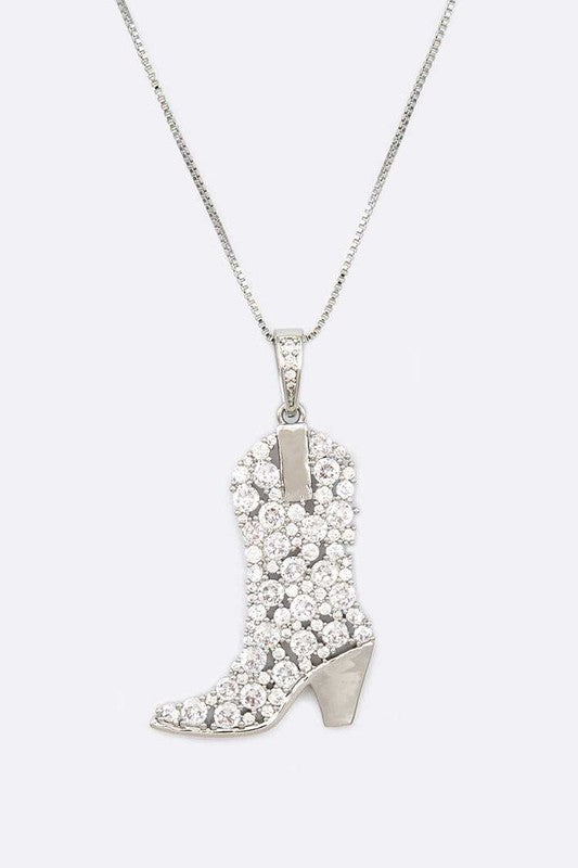 Cubic Zirconia Cowboy Boot Pendant Necklace Western Necklace RHODIUM/CLEAR O/S 