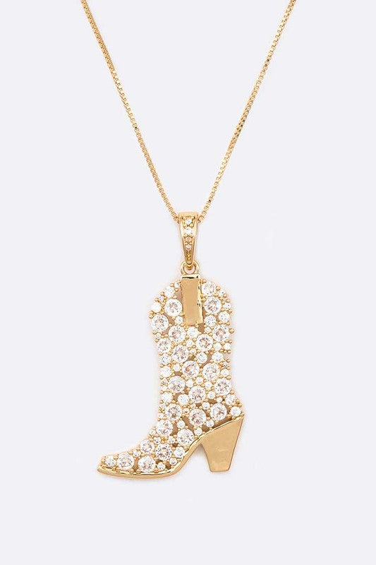 Cubic Zirconia Cowboy Boot Pendant Necklace Western Necklace Gold/Clear O/S 