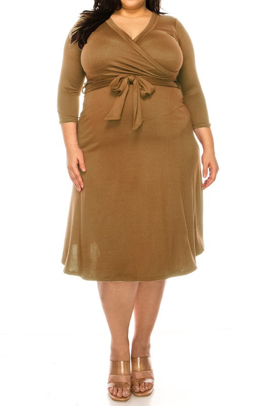 Plus size, solid faux wrap dress Wrap Dress Mocha XL 