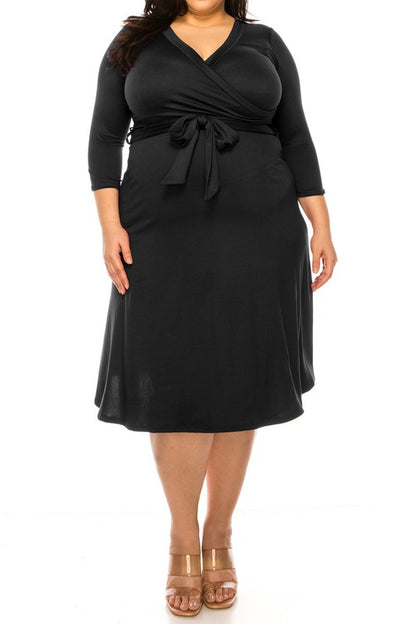 Plus size, solid faux wrap dress Wrap Dress Black XL 