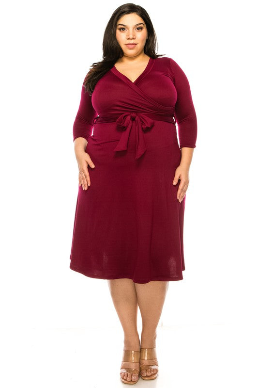 Plus size, solid faux wrap dress Wrap Dress Burgundy XL 