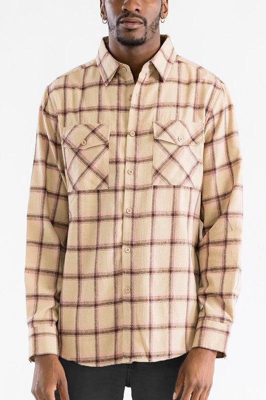 LONG SLEEVE FLANNEL FULL PLAID CHECKERED SHIRT  KHAKI PINK S 