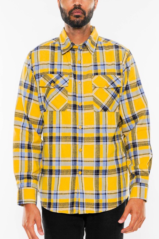 LONG SLEEVE FLANNEL FULL PLAID CHECKERED SHIRT  YELLOW SKY S 