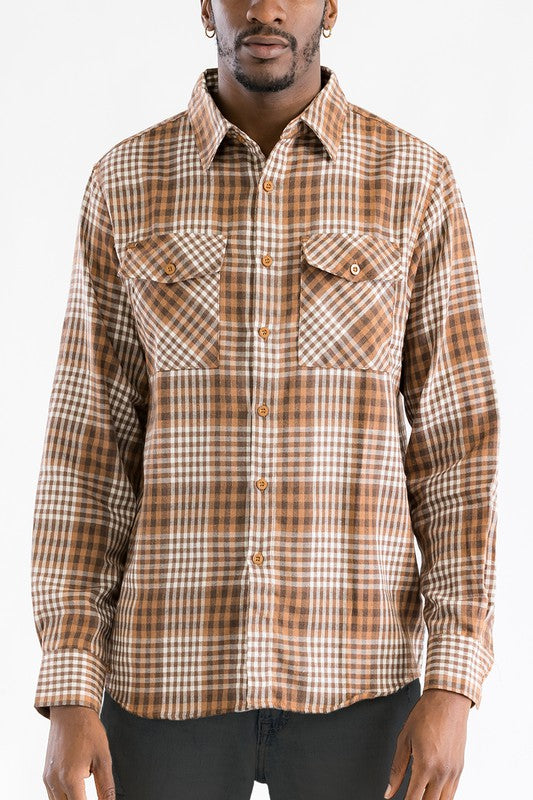 LONG SLEEVE FLANNEL FULL PLAID CHECKERED SHIRT  MOCHA BROWN S 