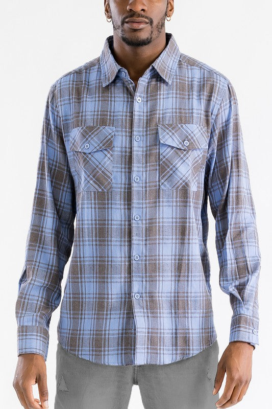 LONG SLEEVE FLANNEL FULL PLAID CHECKERED SHIRT  SKY GREY S 