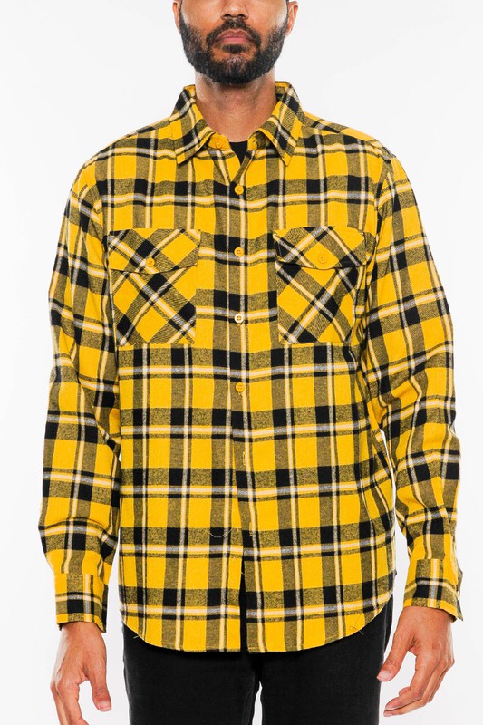 LONG SLEEVE FLANNEL FULL PLAID CHECKERED SHIRT  YELLOW BLACK S 