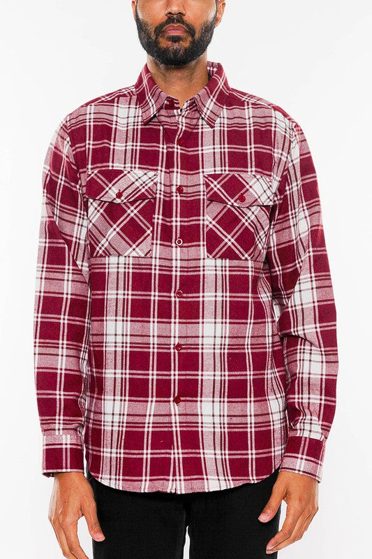 LONG SLEEVE FLANNEL FULL PLAID CHECKERED SHIRT  BURGUNDY WHITE S 