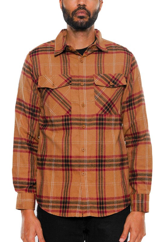 LONG SLEEVE FLANNEL FULL PLAID CHECKERED SHIRT  MOCHA BURGUNDY S 