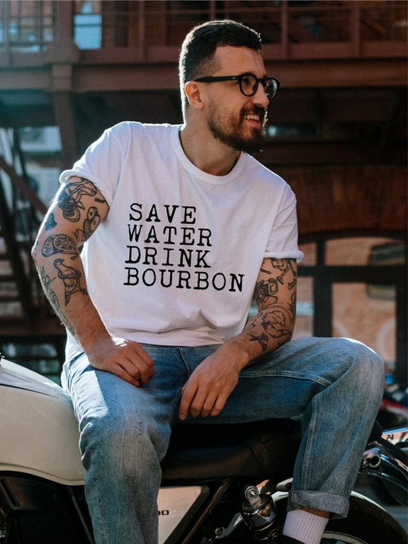 Save Water Drink Bourbon Crew Neck Mens Tee Mens Graphic T-Shirt White 2X 