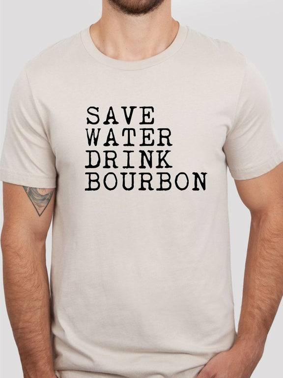 Save Water Drink Bourbon Crew Neck Mens Tee Mens Graphic T-Shirt Natural 2X 