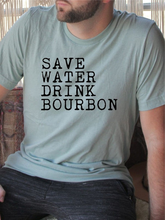 Save Water Drink Bourbon Crew Neck Mens T-shirt Mens Short Sleeve Shirt   